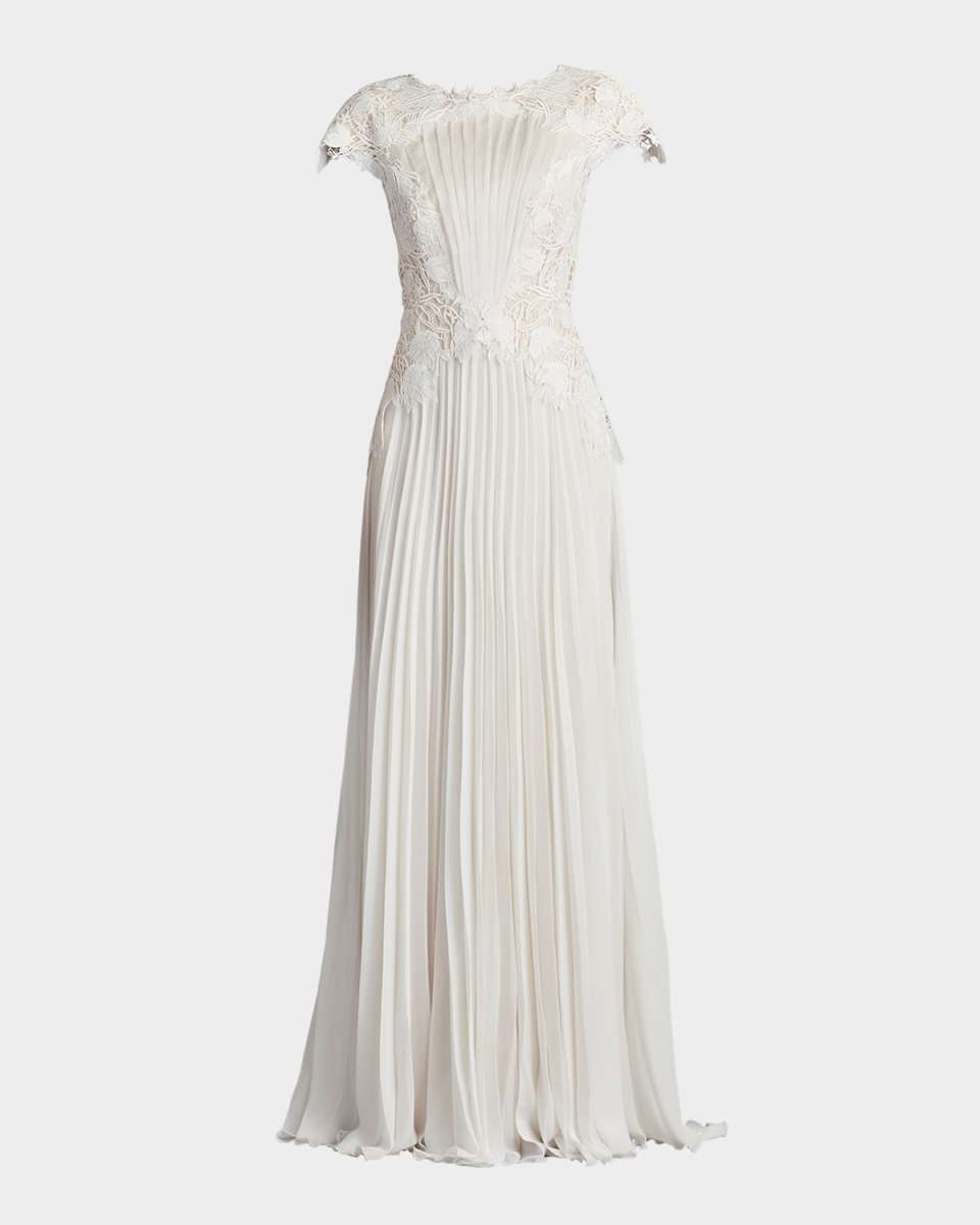 Floral Lace & Pleated Chiffon Gown